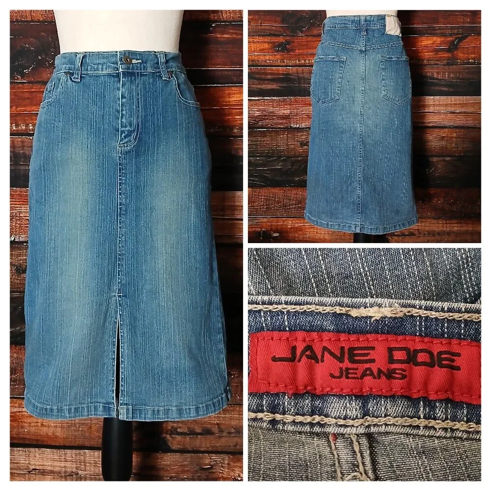 Jane Doe Vintage Jean Skirt 11 12 High Rise Fitted Straight Slit Denim Stretch